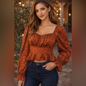 Rust Leopard-Print Peplum Blouse with Square Neckline